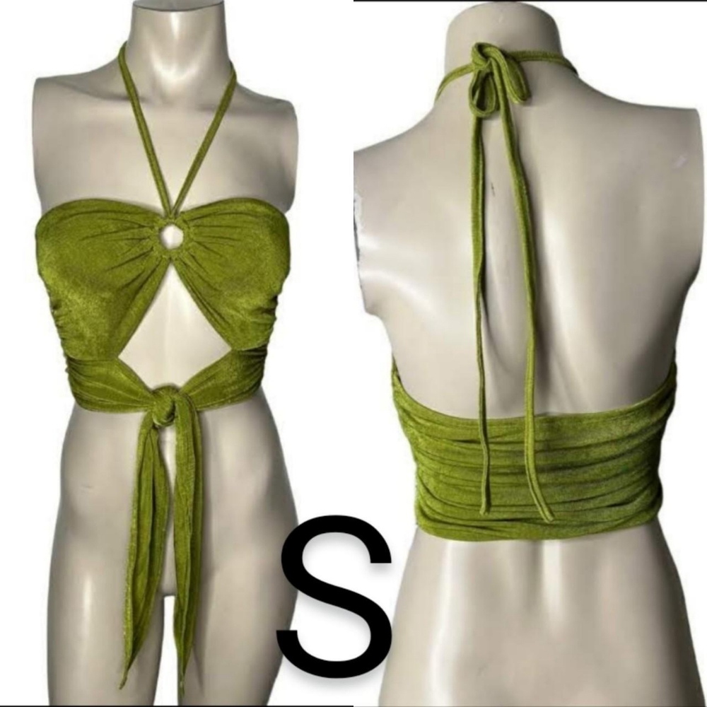 🆕Summer Olive Green Stretchy Halter Cut Out Crop Top~Size S